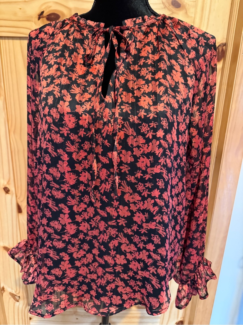 Lush Women's Red/Black Floral Tie-Neck Blouse, metallic threads, size M